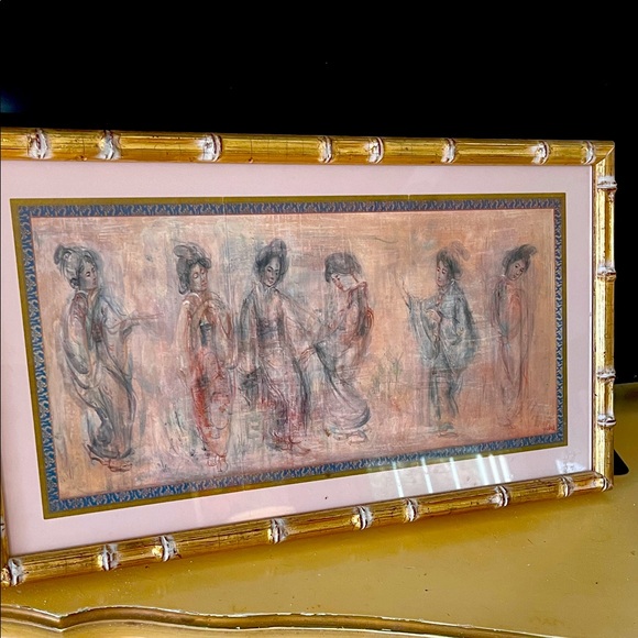 Edna Hibel Six Geisha Girls Lithograph Signed and framed in gold cane design